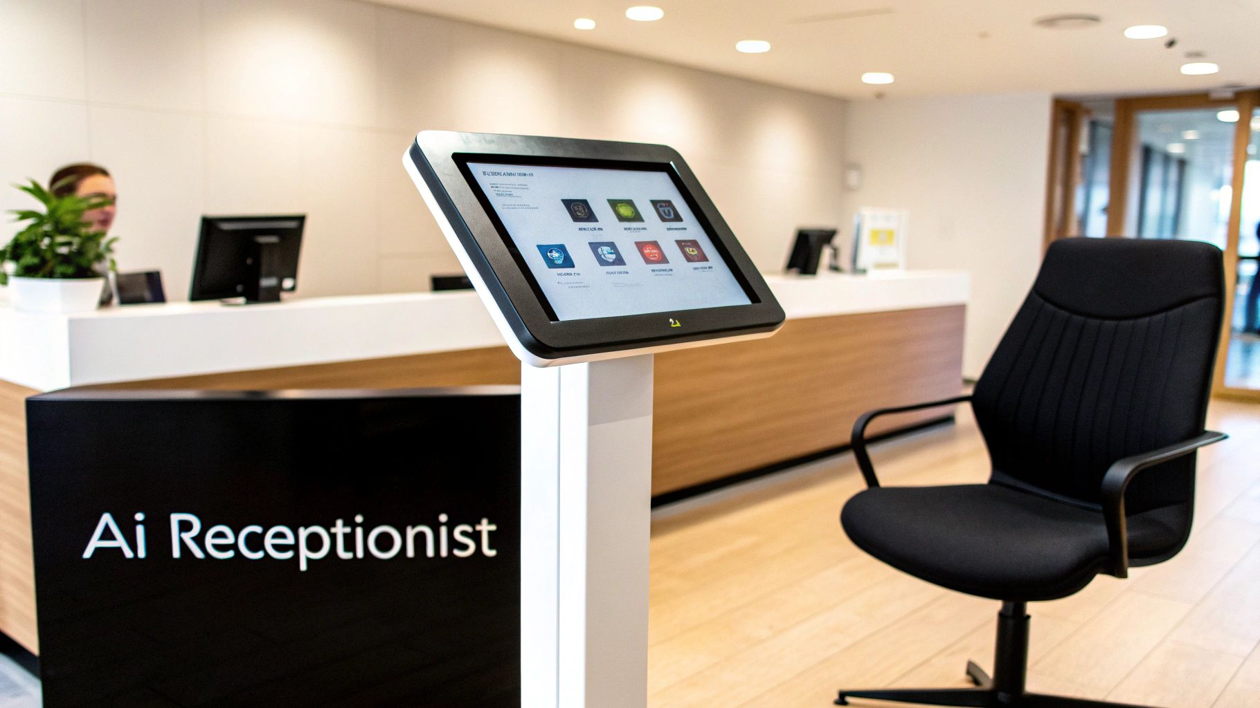 A modern reception area with an AI receptionist kiosk and a traditional desk.