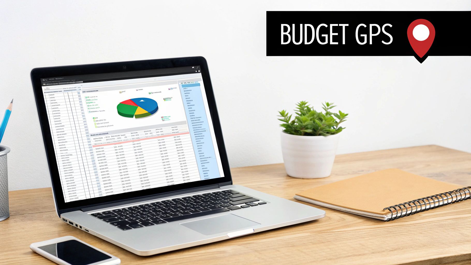 Laptop on a desk displays budget software with a pie chart, next to a smartphone. Text: 'BUDGET GPS'.