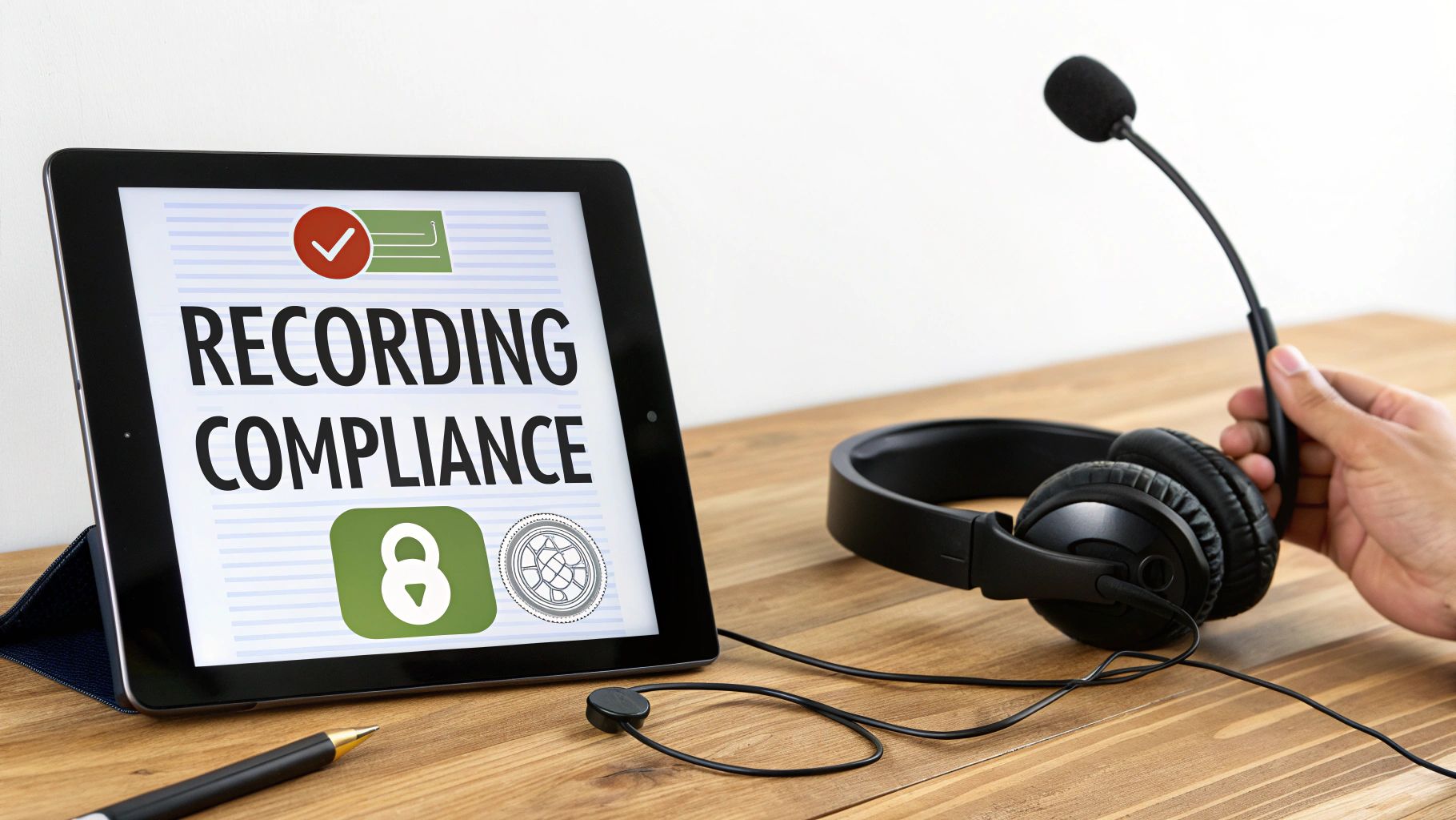 Tablet displaying 'Recording Compliance' next to headphones with microphone on a wooden desk.