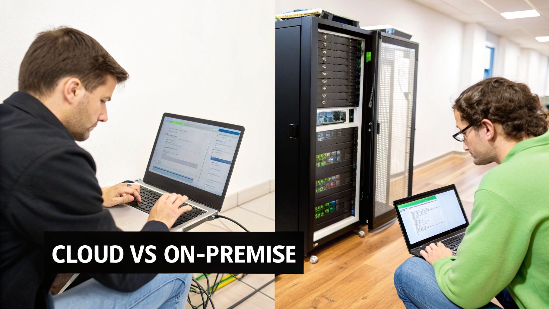 Two men working on laptops, one representing cloud computing, the other on-premise IT infrastructure with server racks.