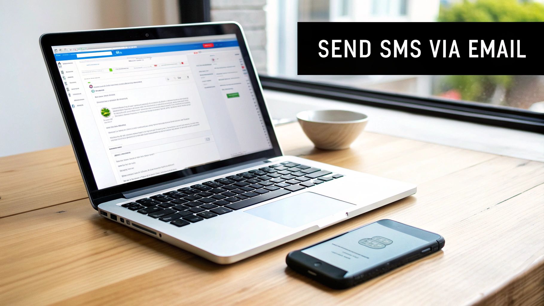 A laptop displaying an email interface and a smartphone on a wooden desk, related to sending SMS via email.