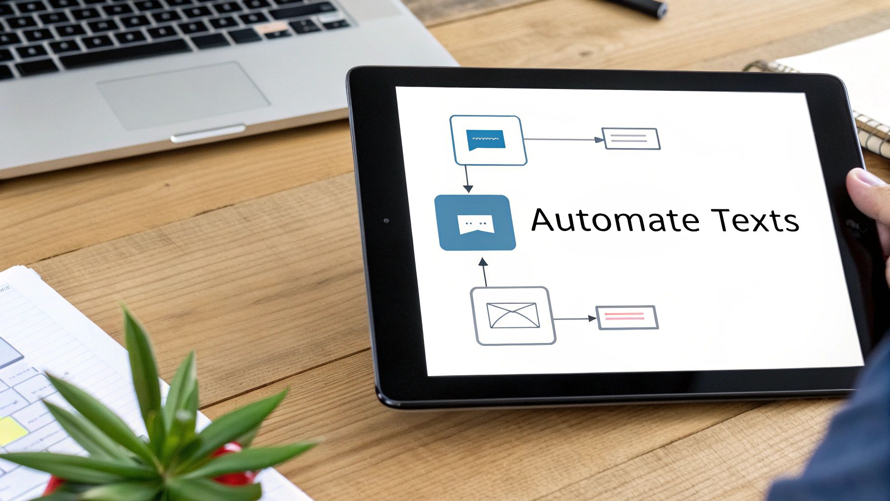 A person holds a tablet displaying a workflow for 'Automate Texts' on a wooden desk.