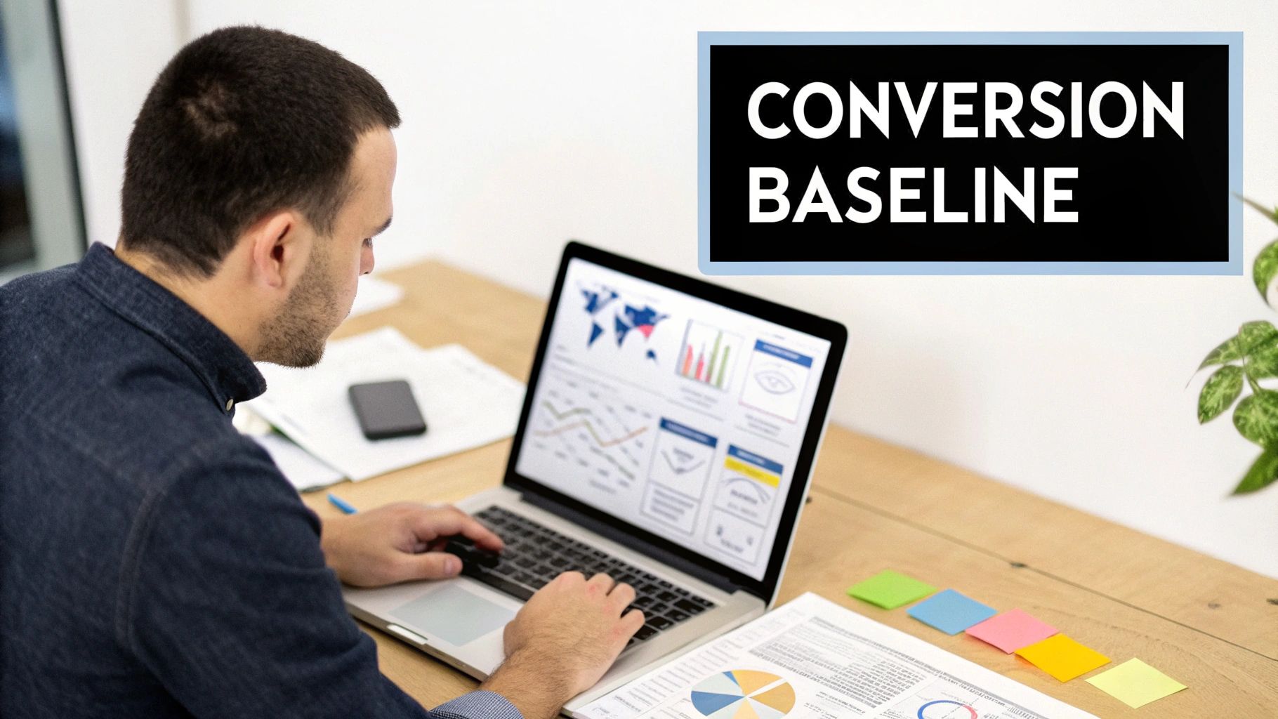 Man analyzing conversion baseline data on a laptop with charts and documents on his desk.