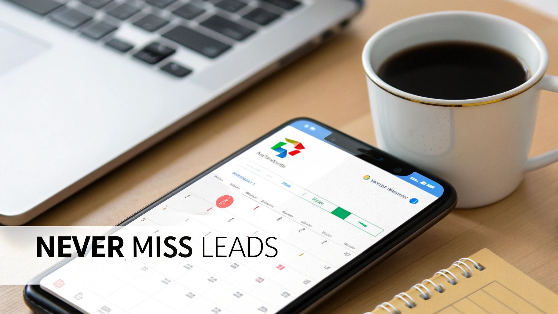 A smartphone displaying a sales or CRM app next to a laptop and coffee mug, with text 'Never Miss Leads'.