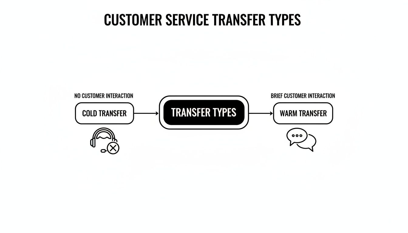 Flowchart illustrating customer service transfer types: cold transfer (no interaction) and warm transfer (brief interaction).