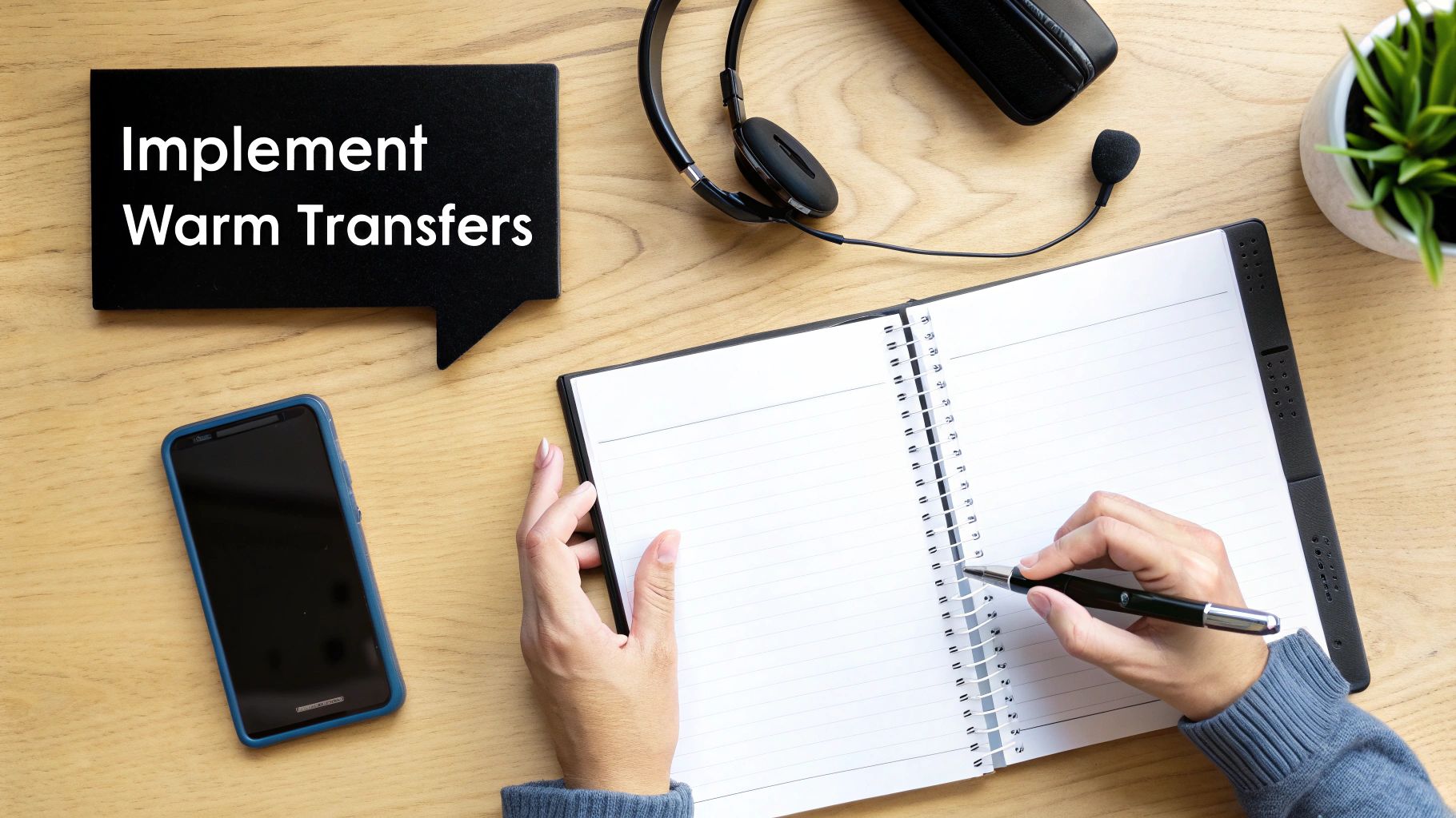 Top-down view of a workspace with hands writing in a notebook, phone, headphones, and a 'Implement Warm Transfers' sign.