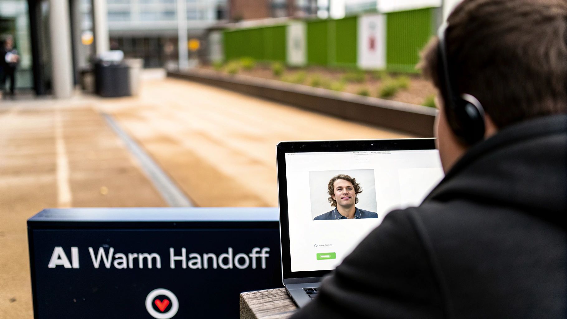 A person wearing headphones looks at a laptop displaying a man's face, next to an 'AI Warm Handoff' sign.