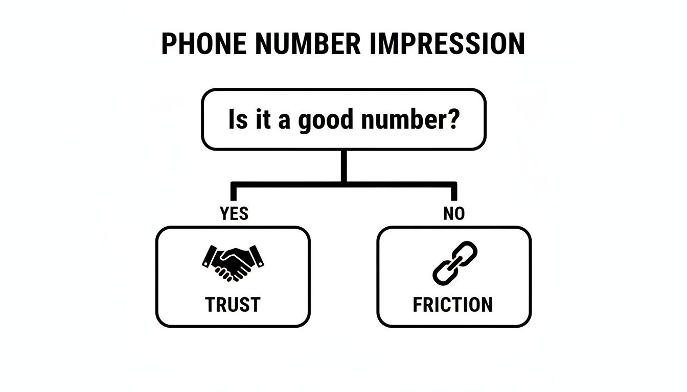 Flowchart illustrating how a good phone number leads to trust, while a bad one creates friction.