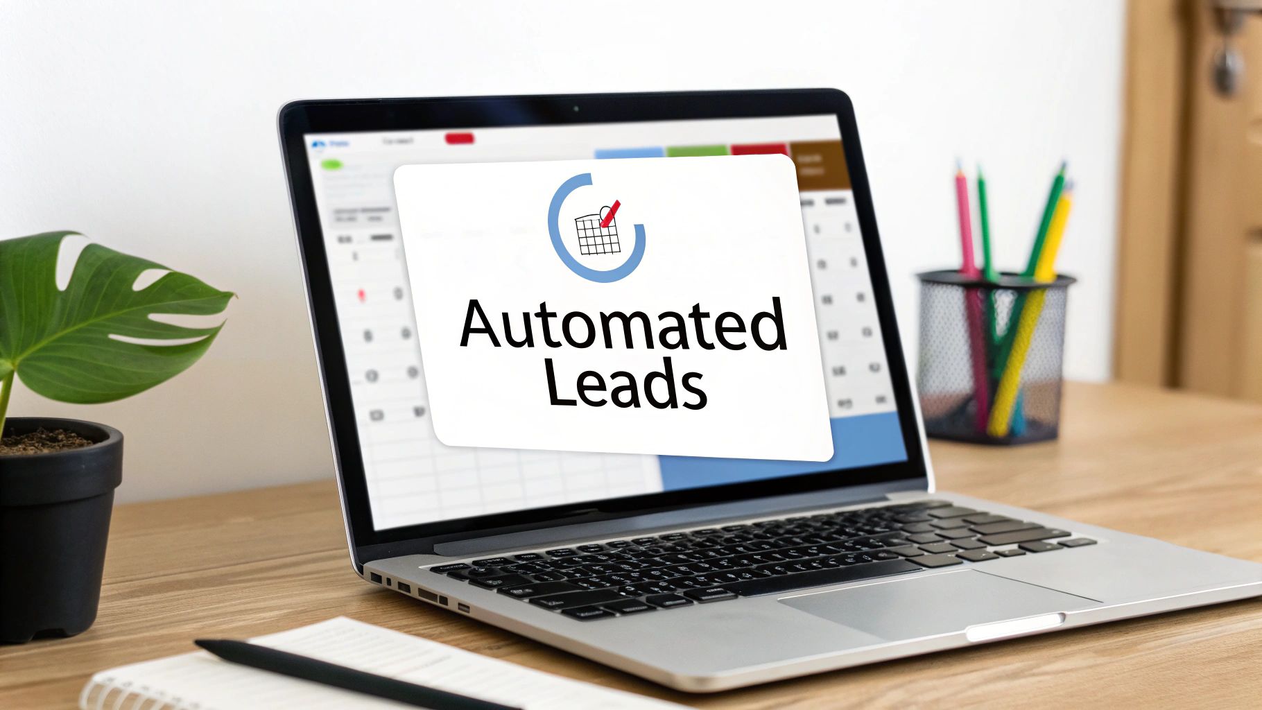 A laptop on a wooden desk displays 'Automated Leads' with an icon, alongside a plant and office supplies.