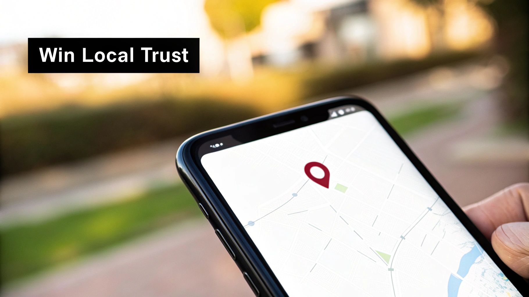 Close-up of a hand holding a smartphone displaying a map and a red location pin, with 'Win Local Trust' banner.