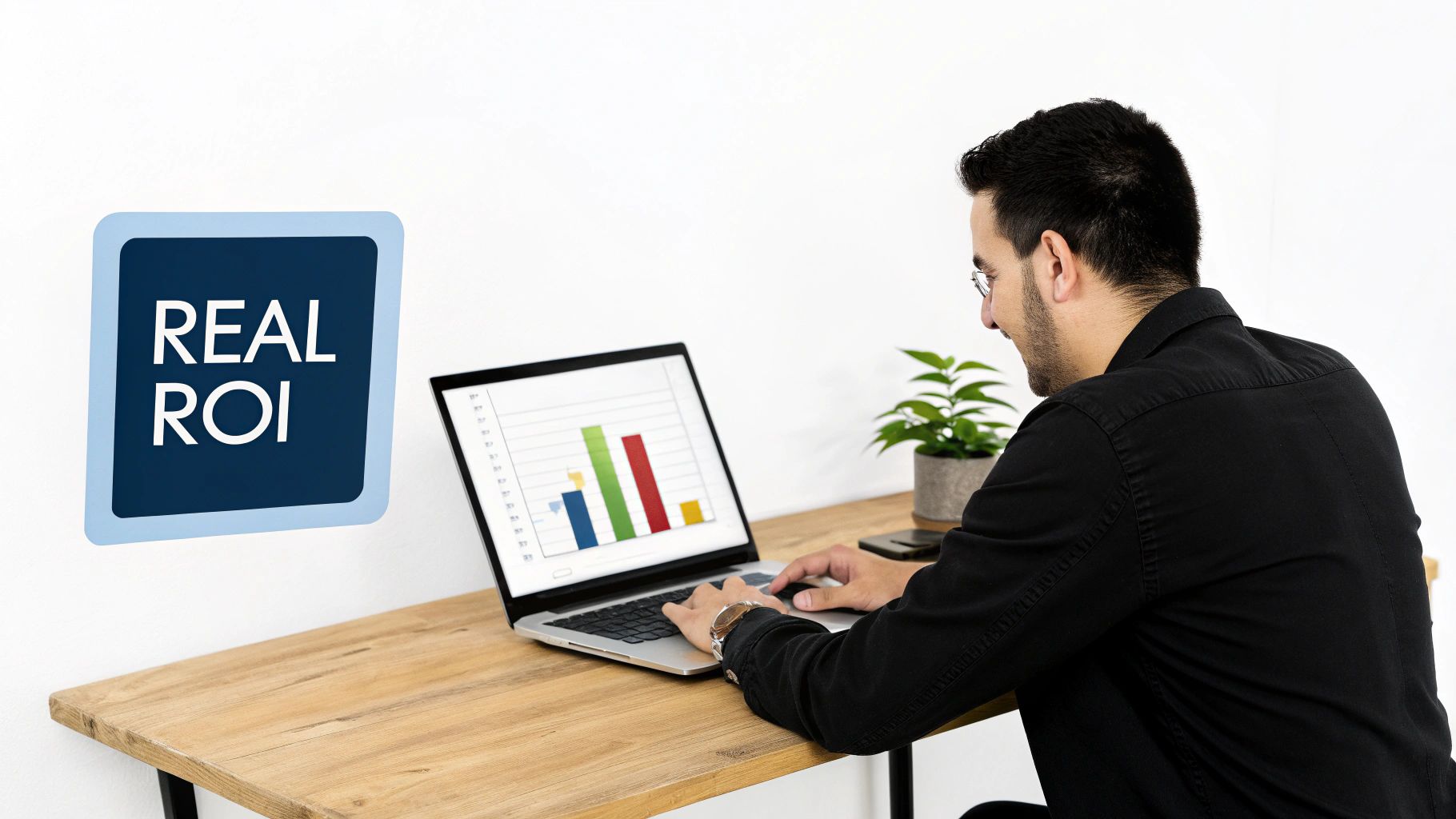 Man working on laptop displaying a bar chart, with a 'REAL ROI' sign nearby.