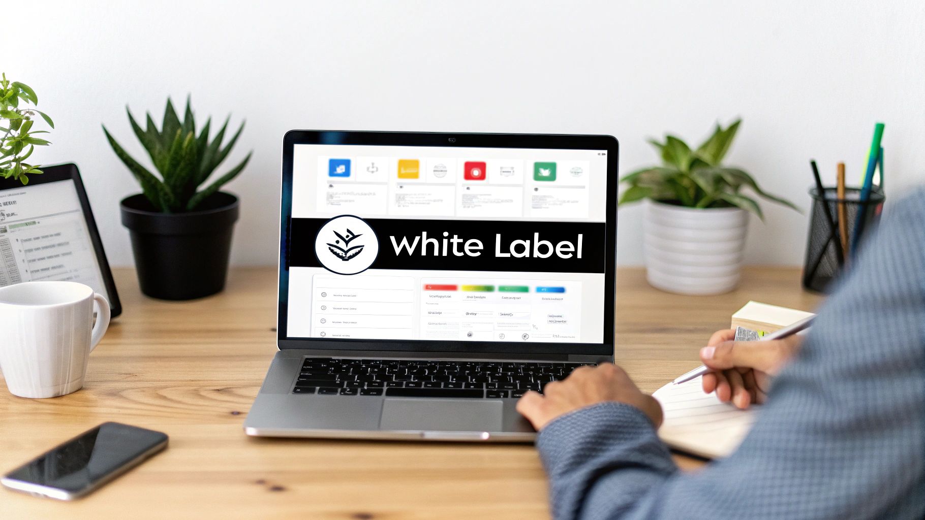 Person working at a wooden desk on a laptop showing 'White Label' software with plants and a phone.