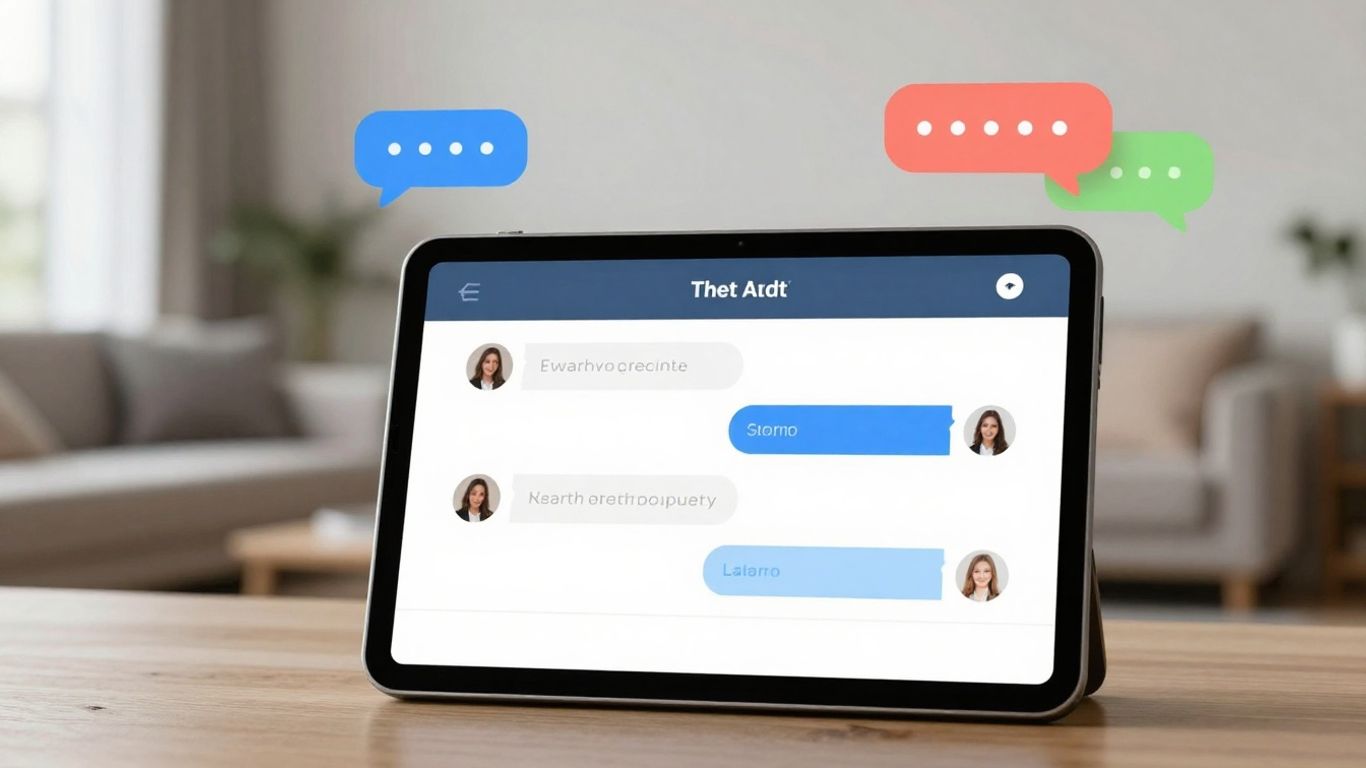 Chatbot interface on tablet with house background