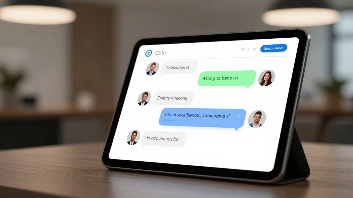Chatbot interface on a tablet in a real estate setting.