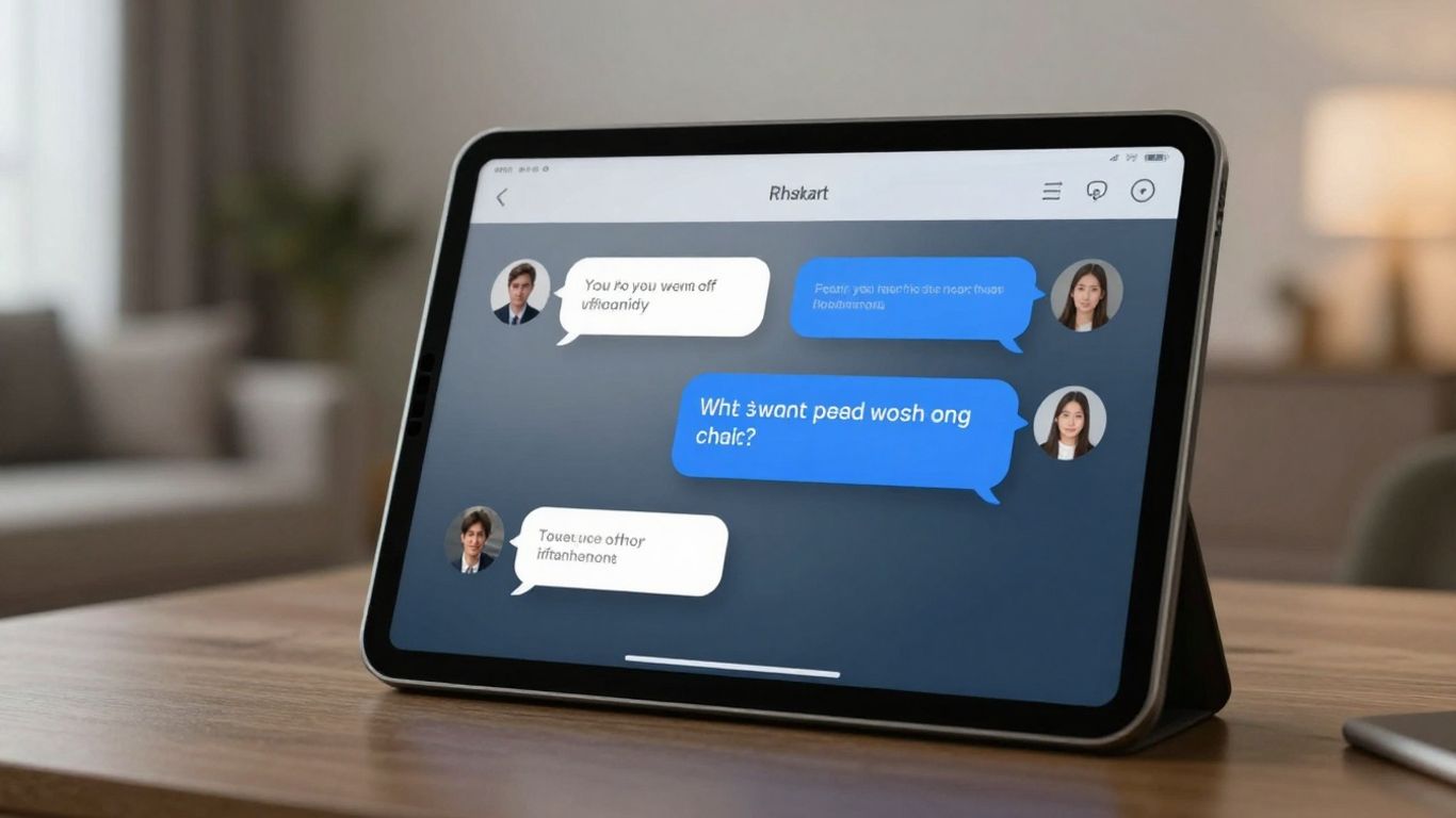Chatbot interface on a tablet in a home setting.