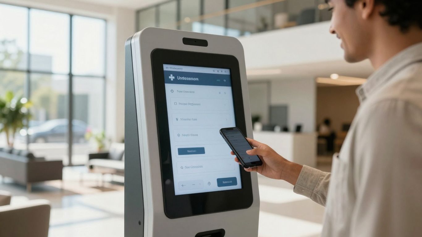Automated tenant check-in kiosk in a modern lobby.