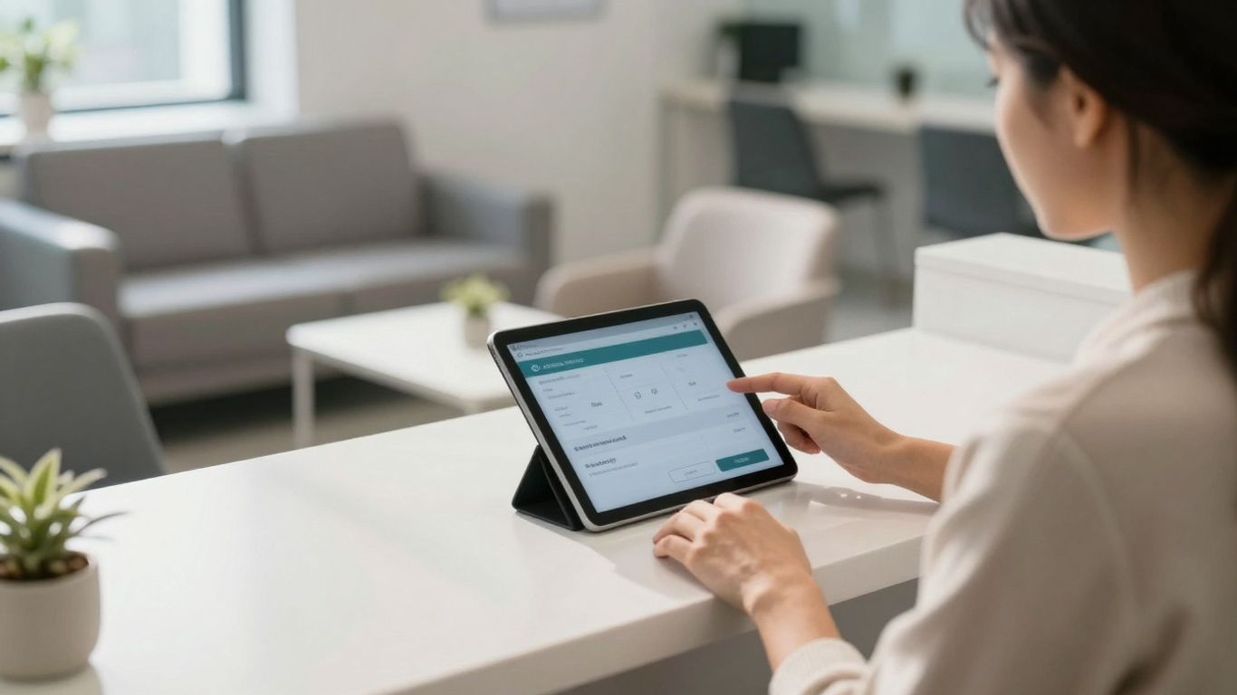 Patient checking in on a tablet in a medical office.