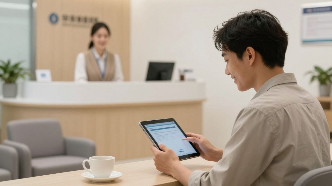 Patient checking in on a tablet in a medical office.