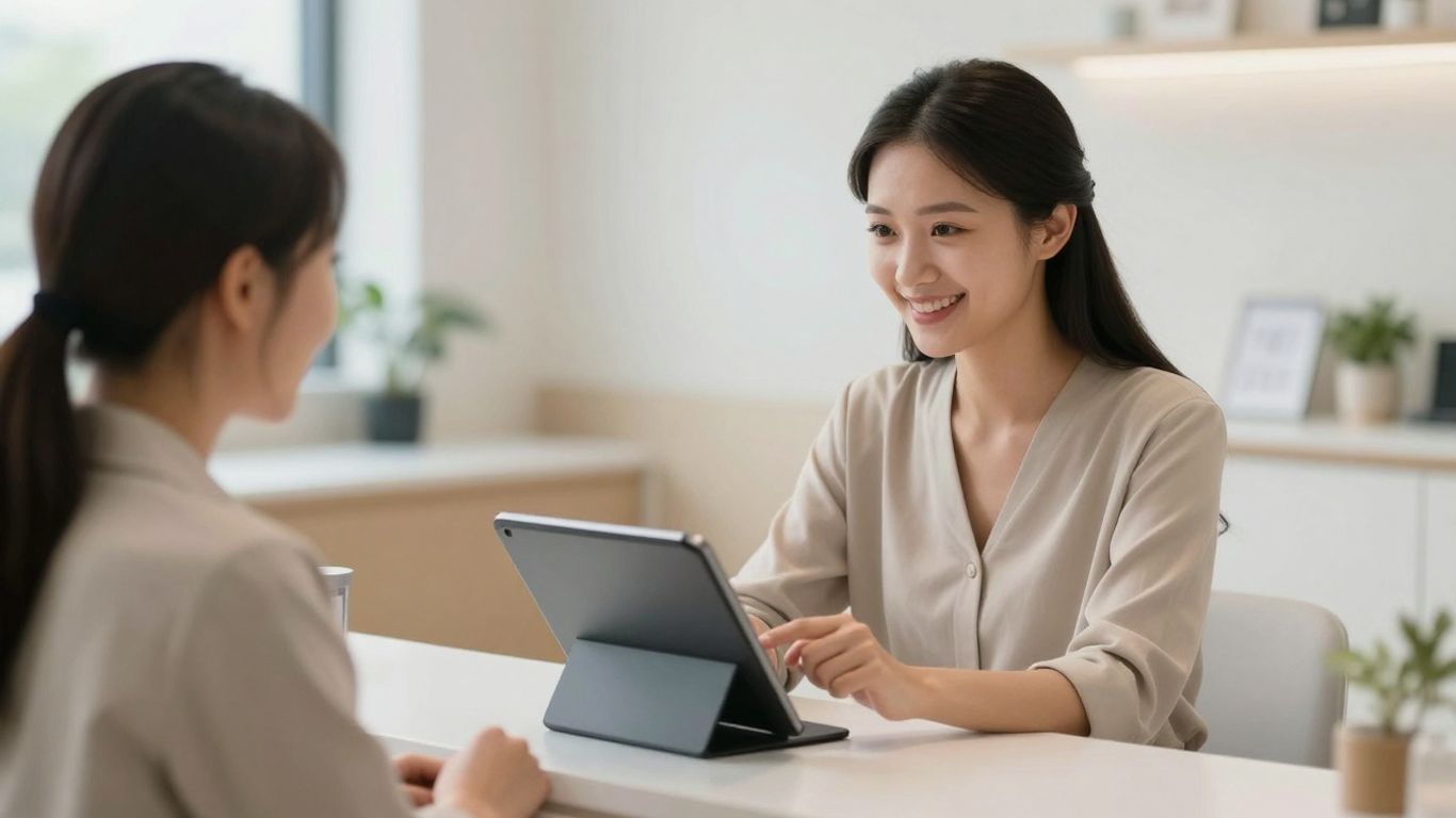 Patient using a digital check-in system in a clinic.