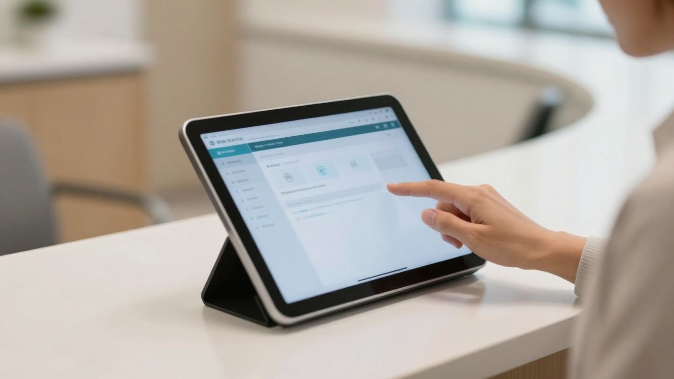 Patient using a digital check-in tablet in a clinic.