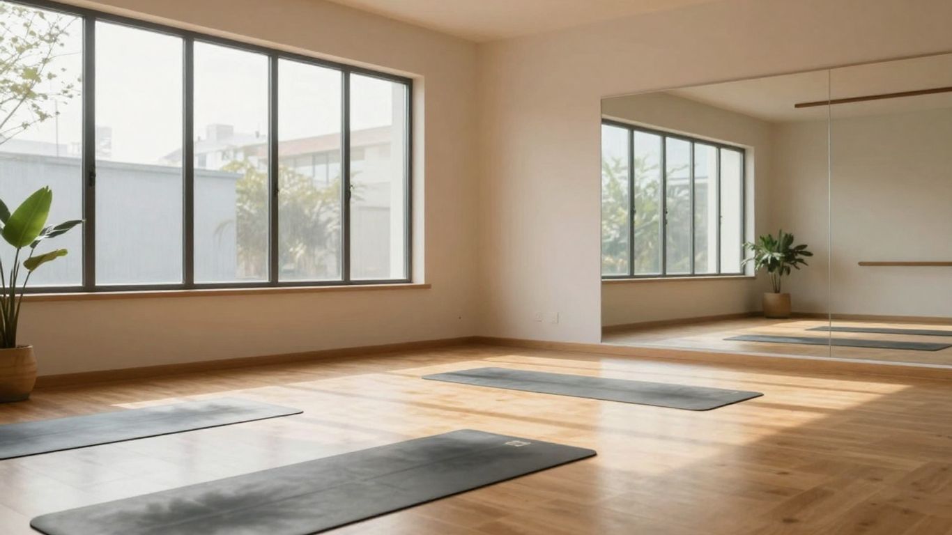 Serene yoga studio interior with natural light and yoga mats.
