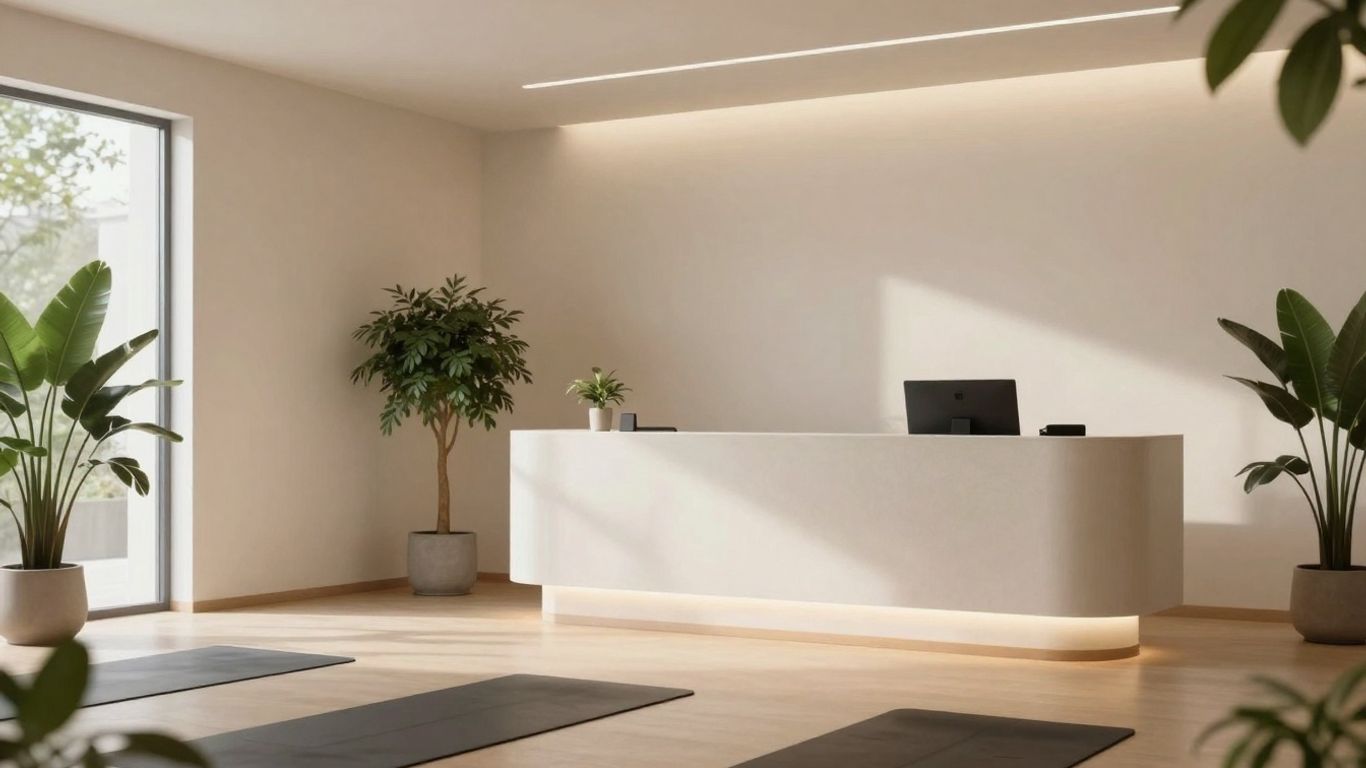 Modern yoga studio with serene ambiance and technology integration.