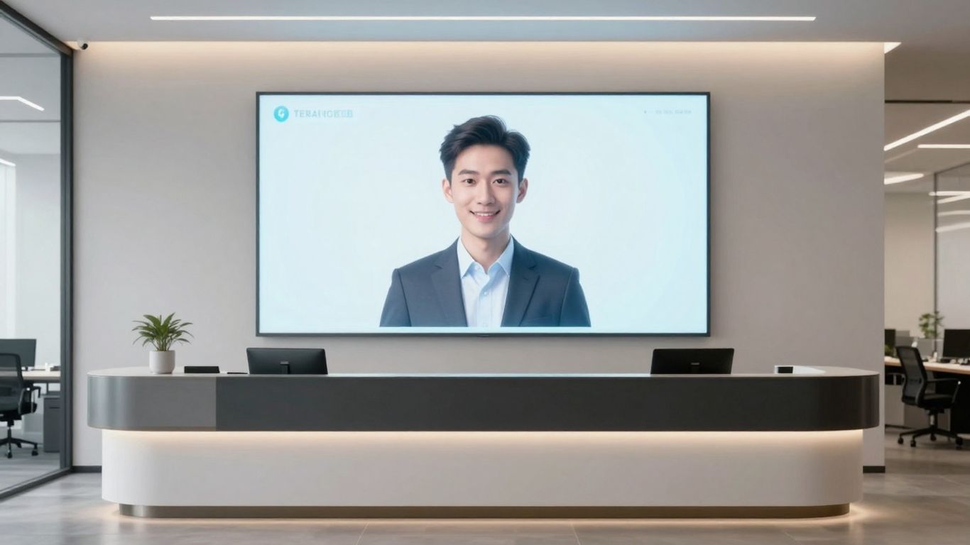 AI receptionist avatar in a modern office setting.