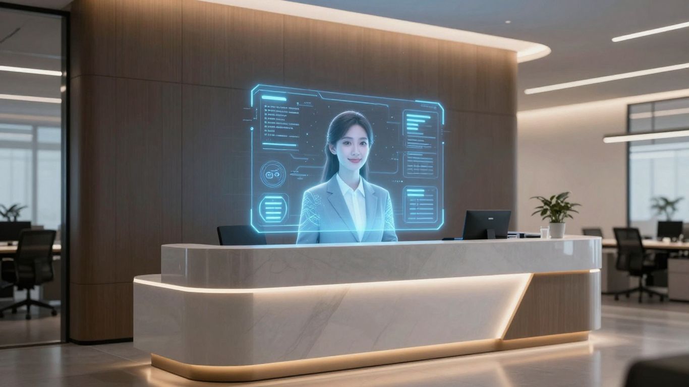 AI receptionist interface in a modern office.