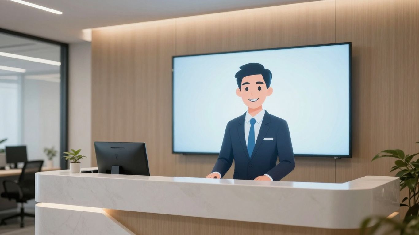 AI receptionist avatar in a modern office.
