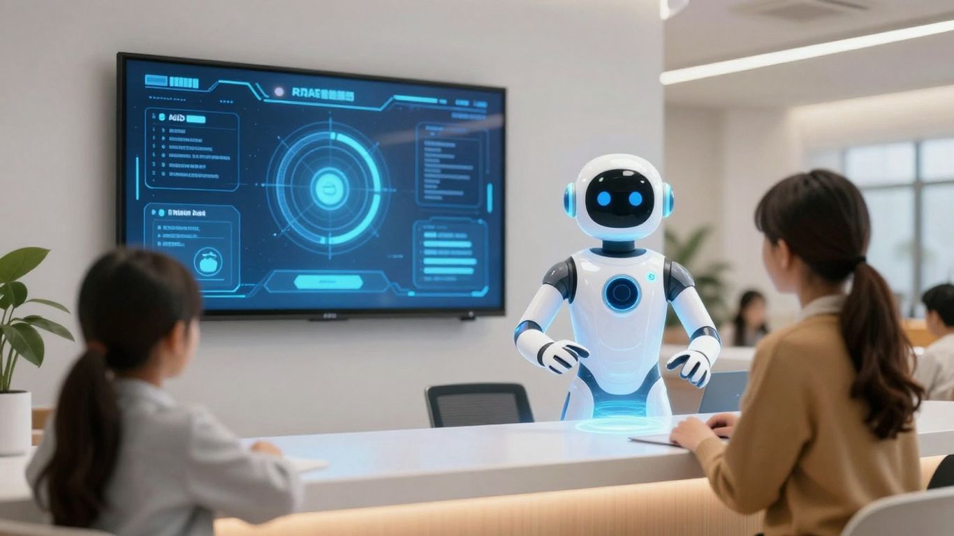 AI assistant helping students and parents at school front desk.