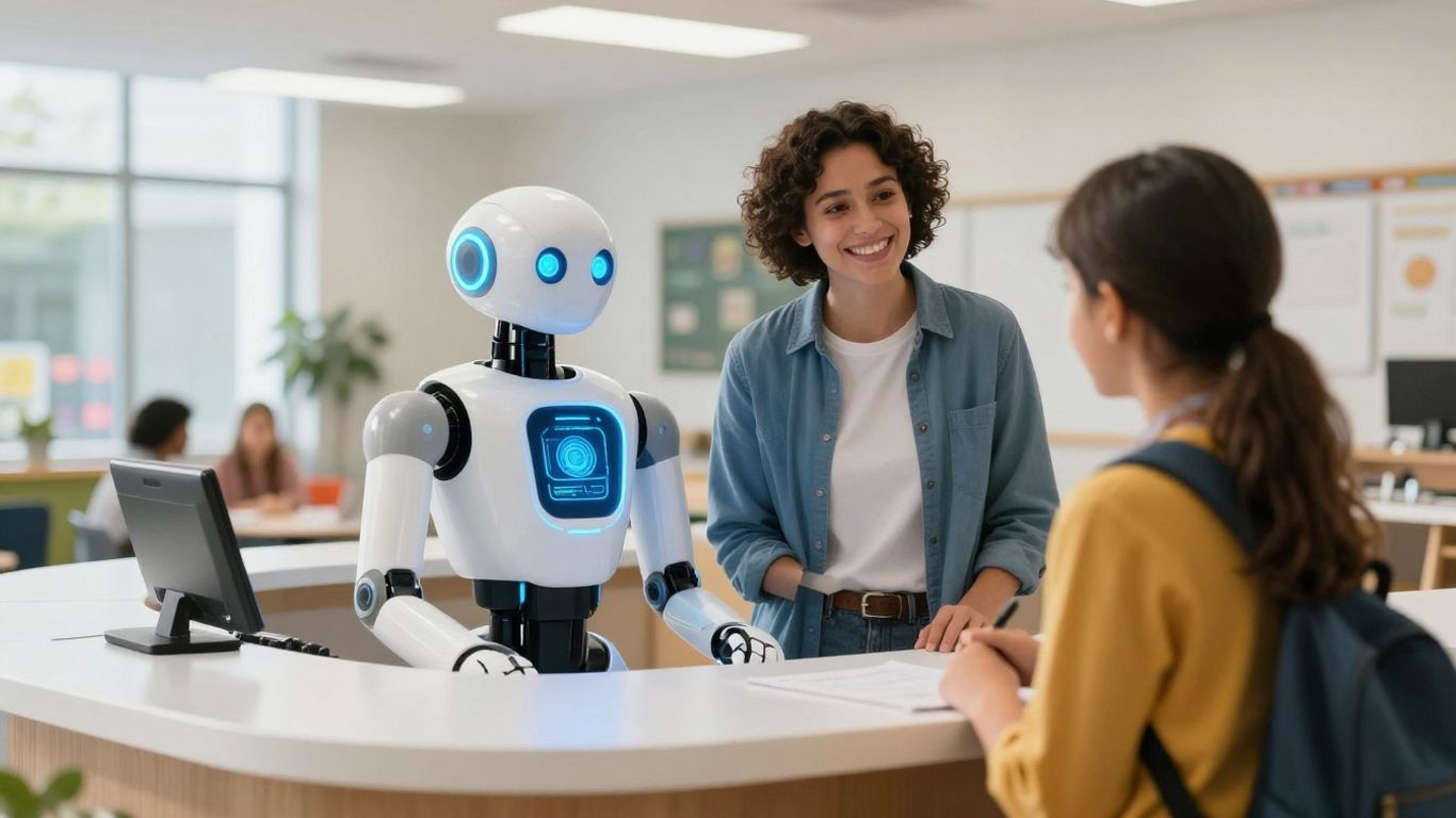 AI robot assisting students and parents at school front desk.
