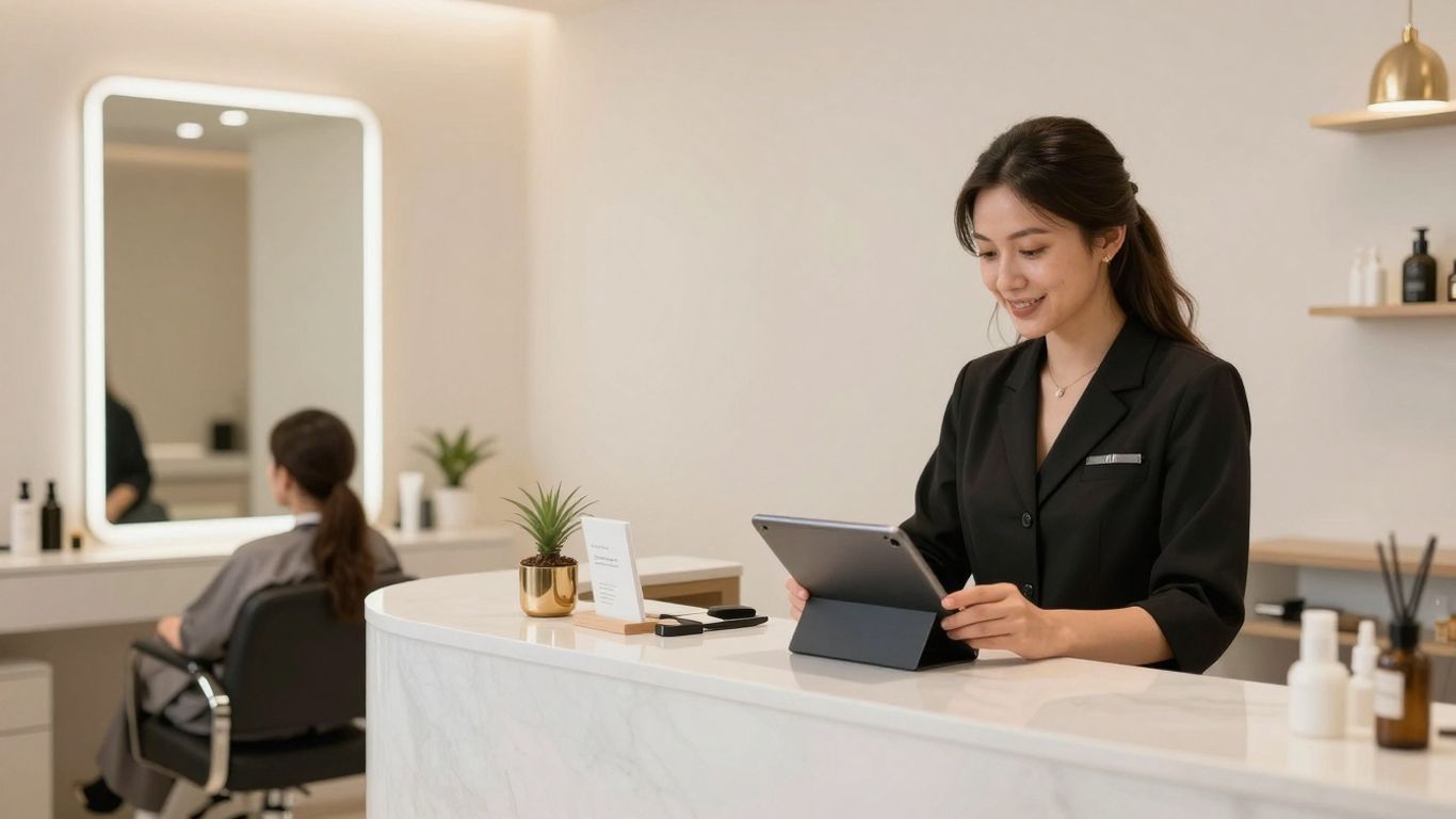 Salon receptionist using a tablet for check-in.