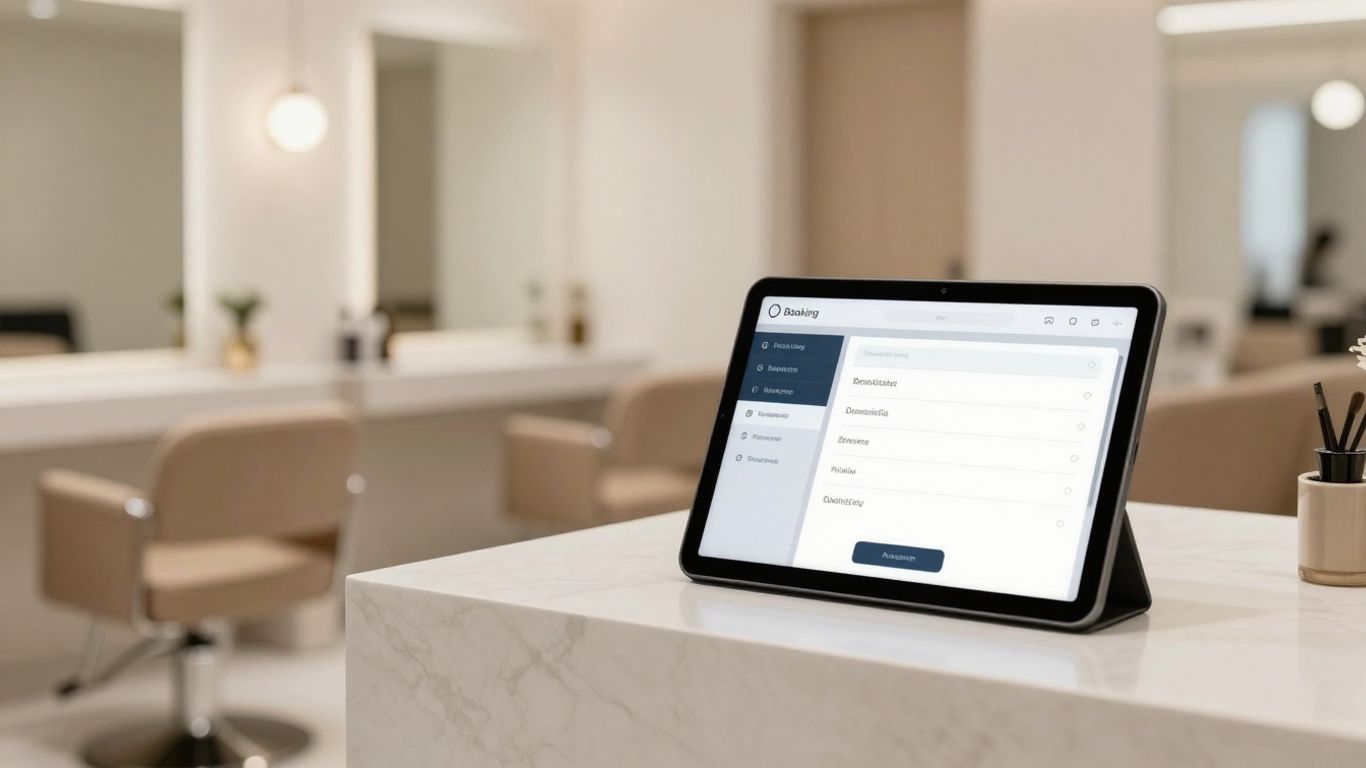 Automated beauty salon check-in tablet interface.