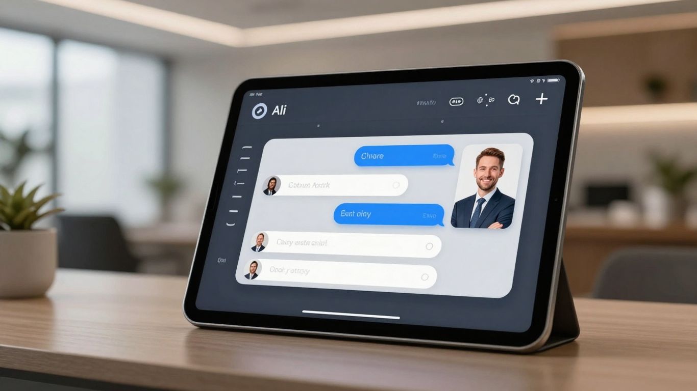 AI chatbot on tablet in real estate office.