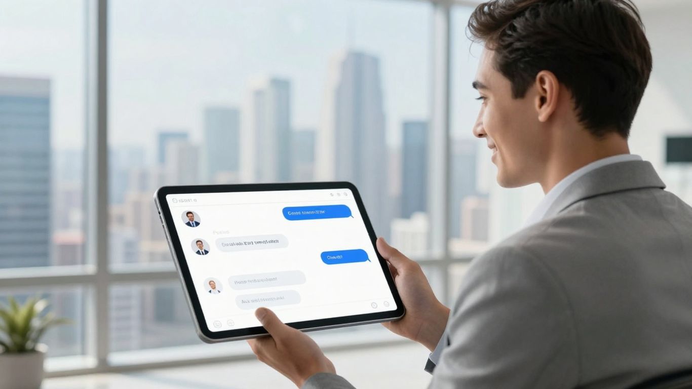 Real estate agent using AI chatbot with cityscape background.