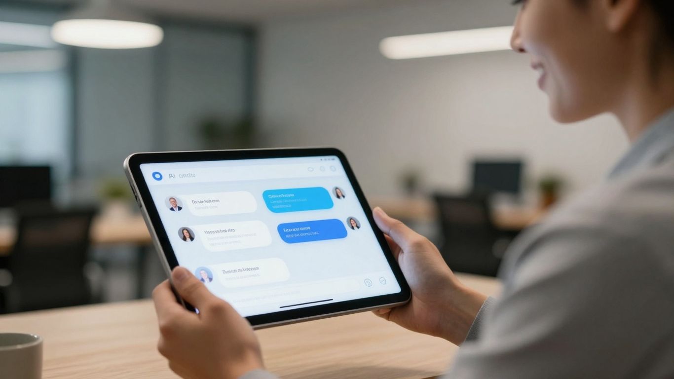 Real estate agent using AI chatbot on tablet.