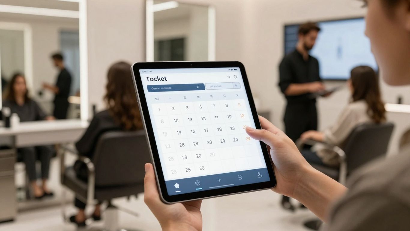 Salon booking system interface on a tablet.
