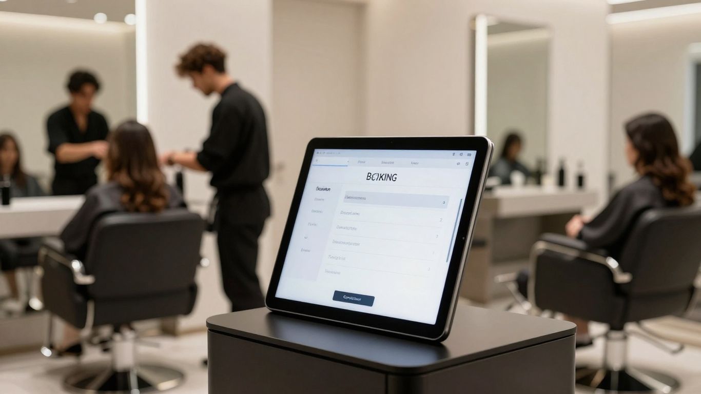 Salon booking system interface on a tablet.