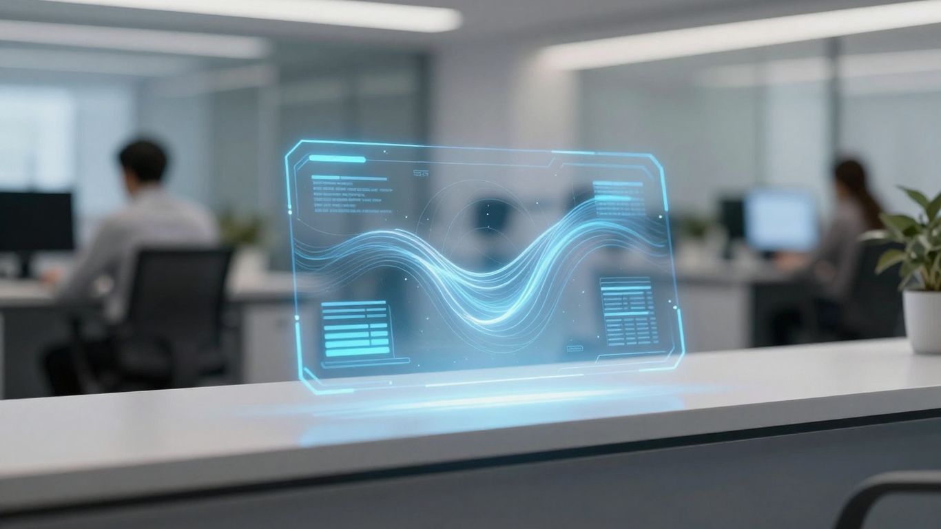 AI front desk with holographic interface and busy office background.