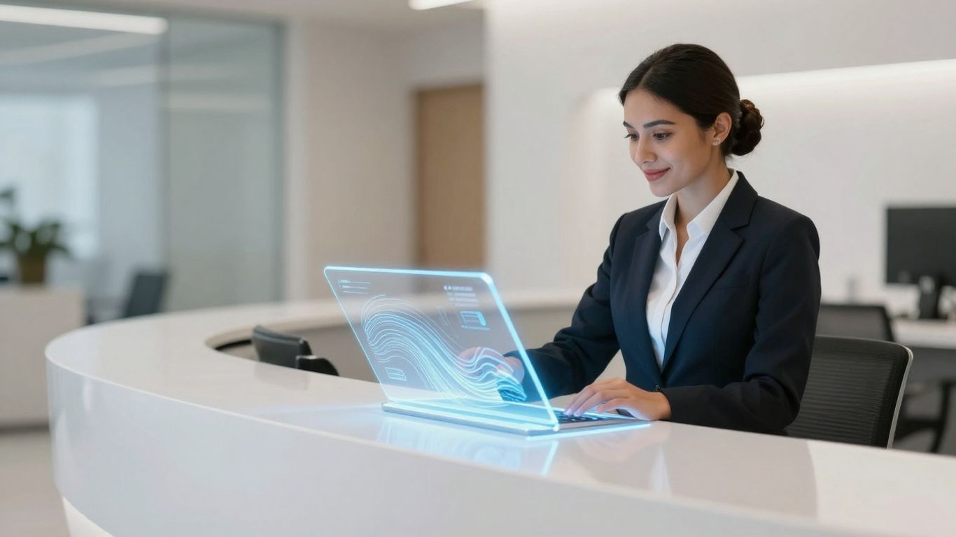 AI-powered front desk with glowing interface and receptionist.