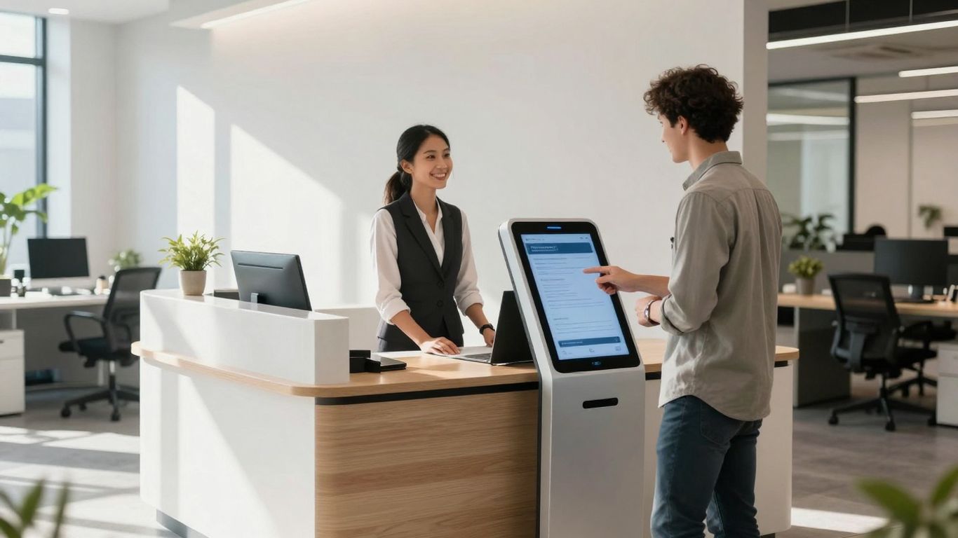 Automated front desk system in a modern office.