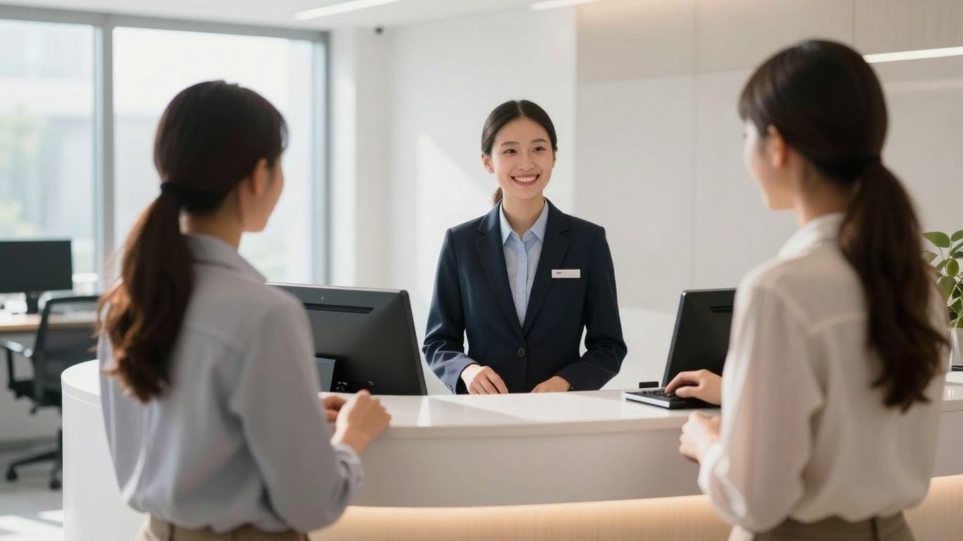 Automated front desk system in a modern office.