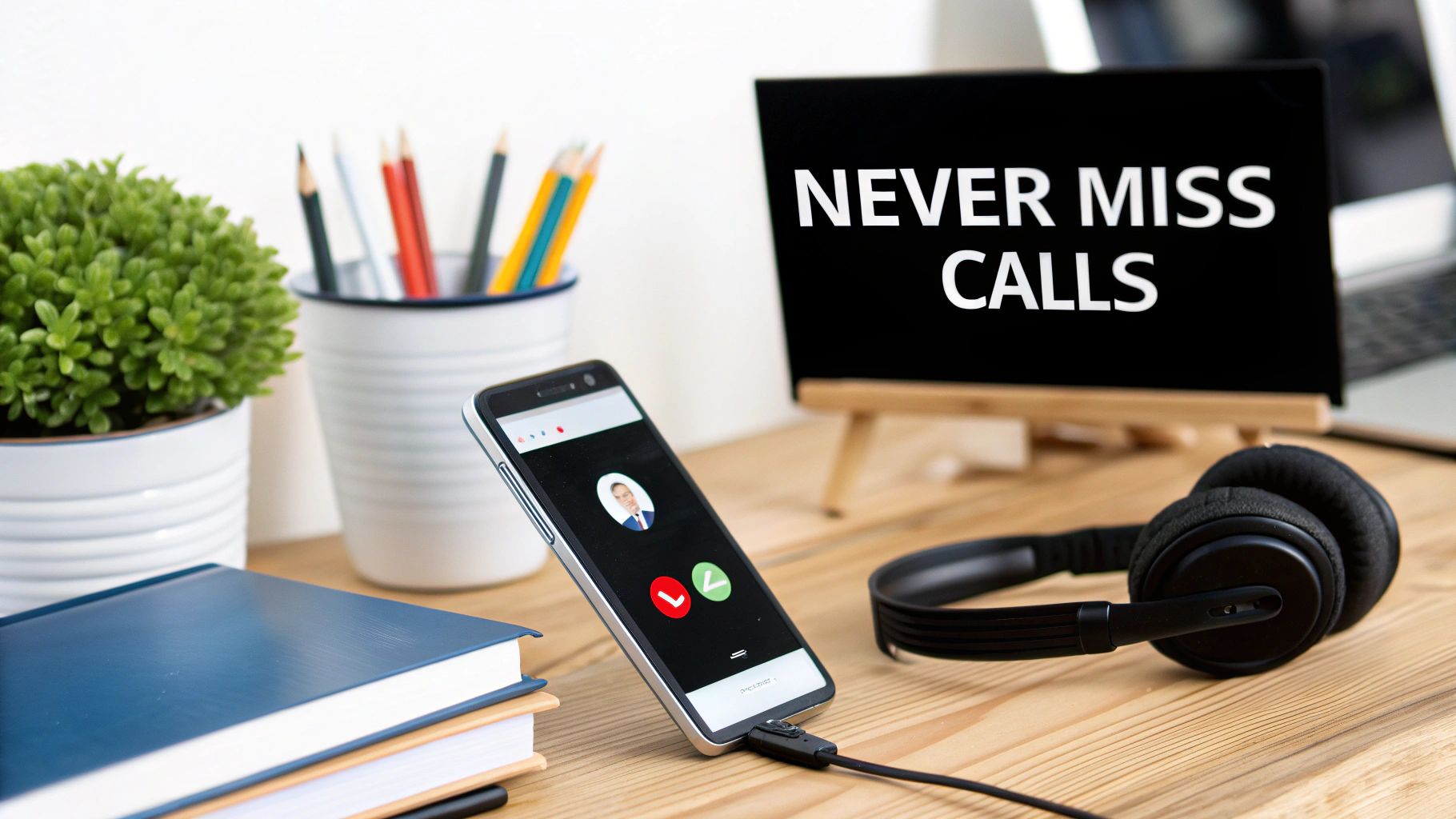 A desk with a smartphone receiving an incoming call, headphones, and a sign that says 'NEVER MISS CALLS'.