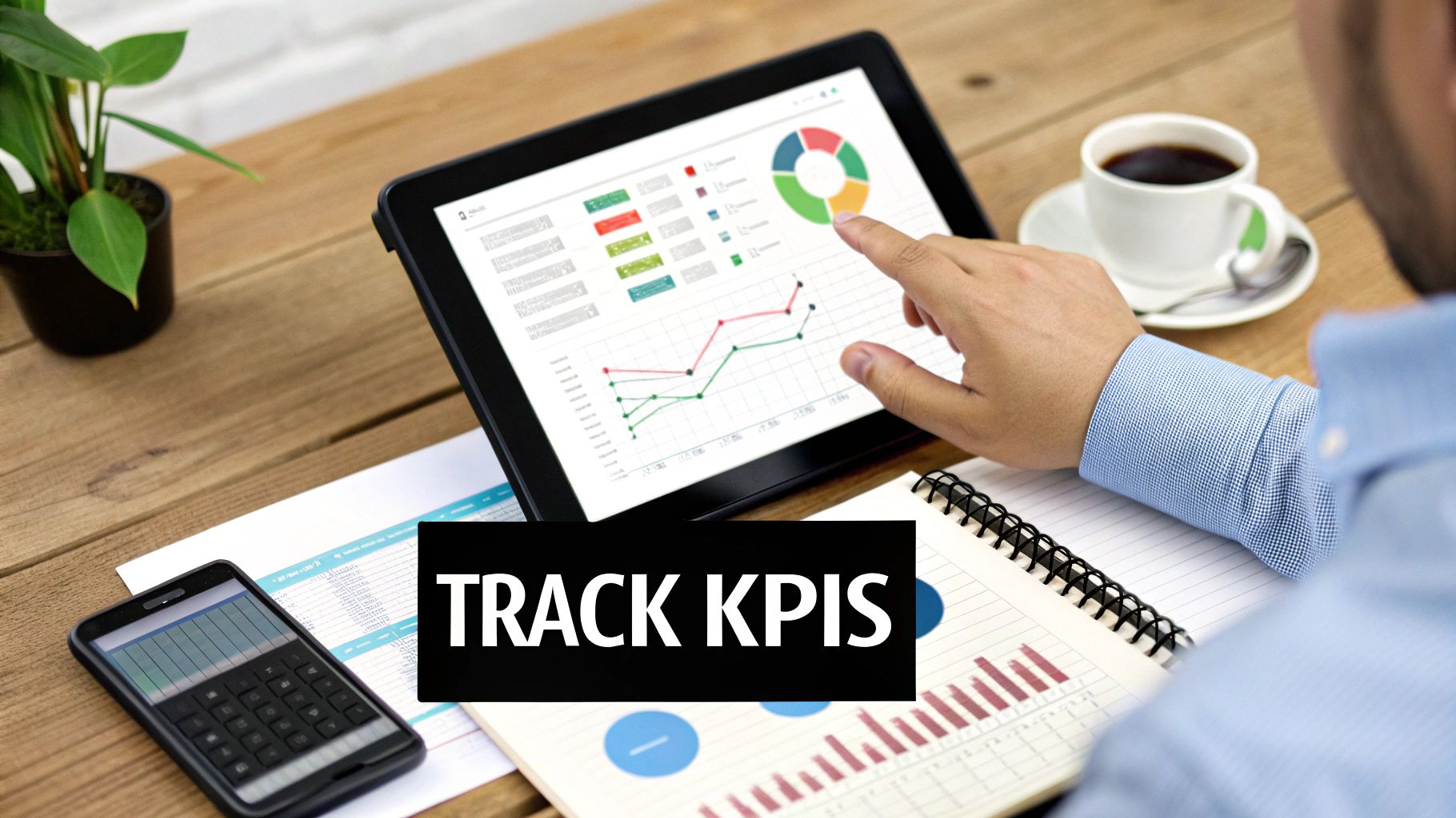 A person tracks business KPIs on a tablet displaying various data charts, alongside a smartphone and notebook.