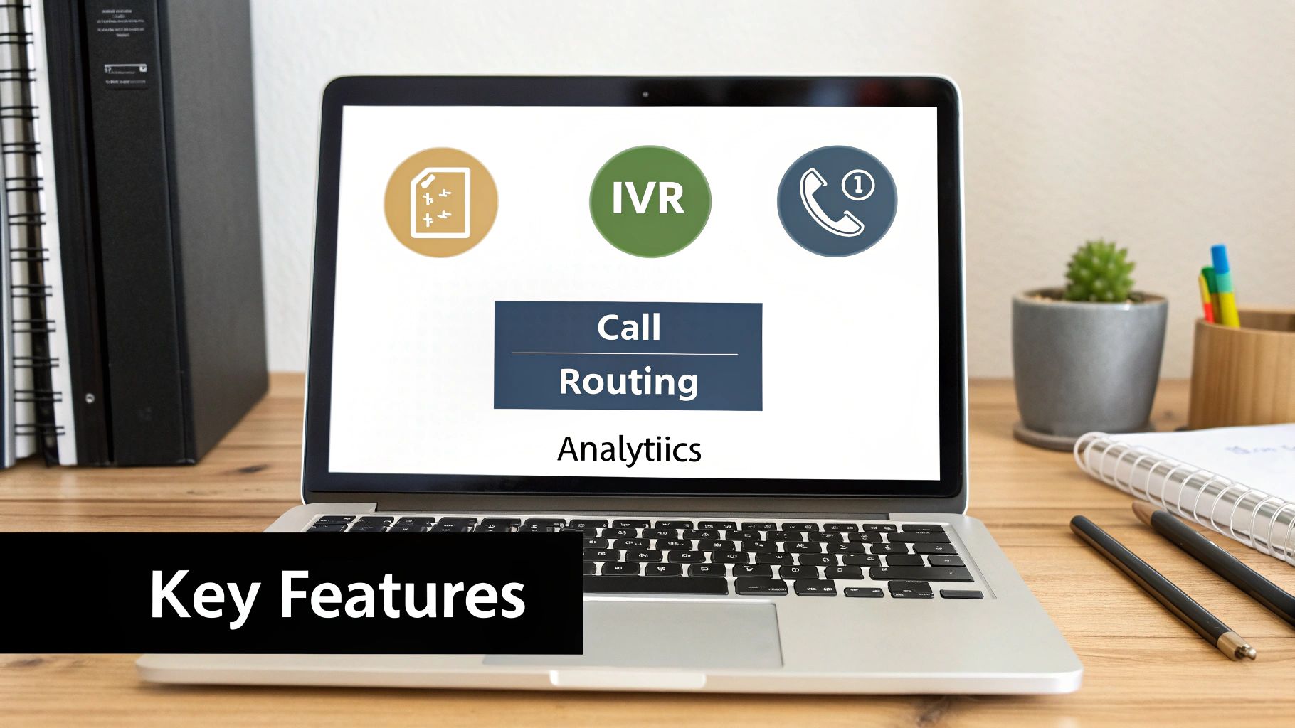 Laptop screen displaying key features of an inbound call center solution, including IVR, Call Routing, and Analytics.