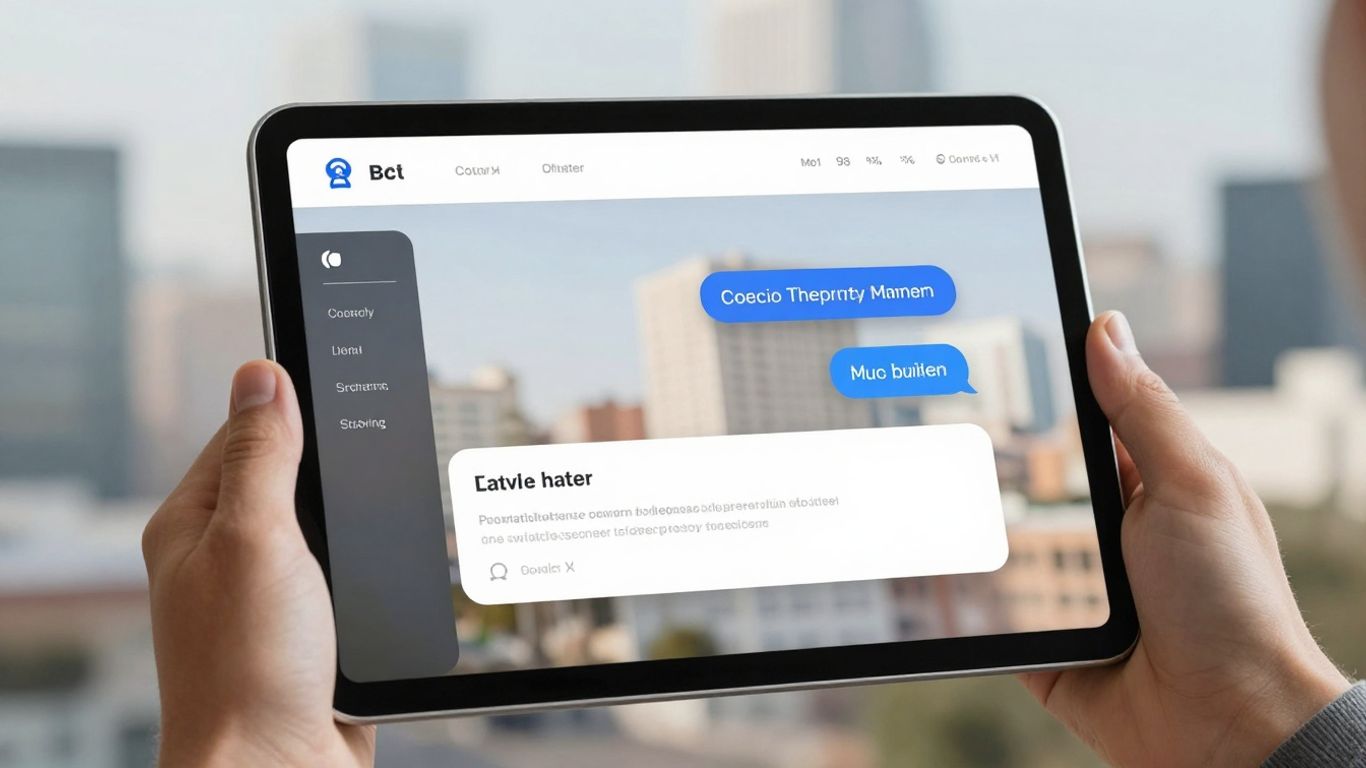 Real estate chatbot on tablet with cityscape background.