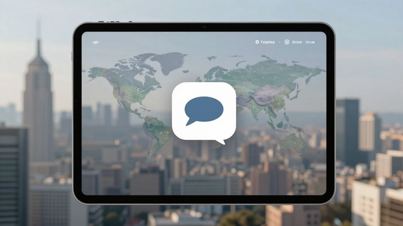 Chatbot interface on tablet with global city background.