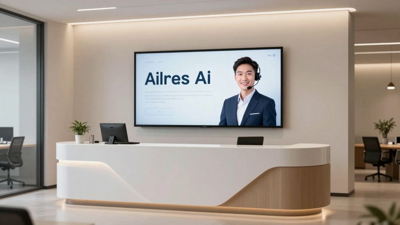 AI receptionist assisting at a modern front desk.