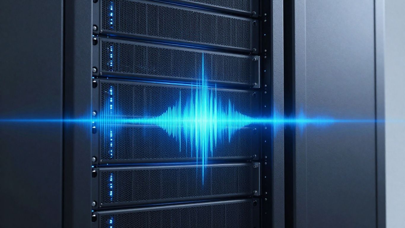 Server rack with glowing lights and digital waveform.