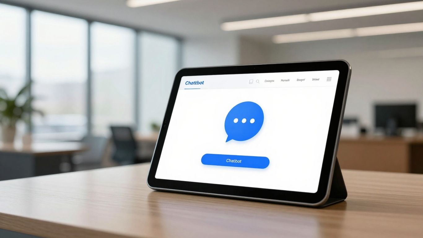 Real estate chatbot interface on a tablet in an office.